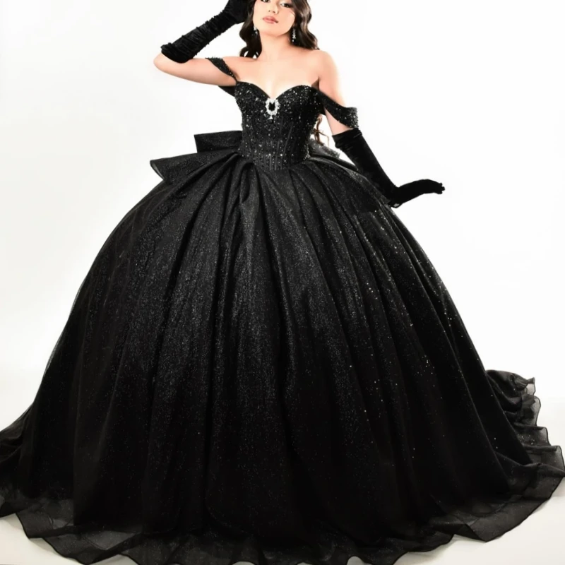 

Black Shiny Quinceanera Dresses Off The Shoulder Beading Crystal Bow Tull Party Birthday Sweet 16 Dress Vestidos 15 de anos