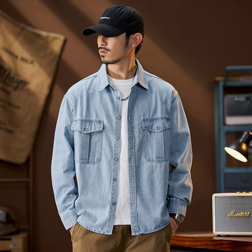 Men Light Wash Denim Shirt Long Sleeve Lapel Double Chest Pocket Loose Casual Work Shirts Vintage Daily Oversized Blouse
