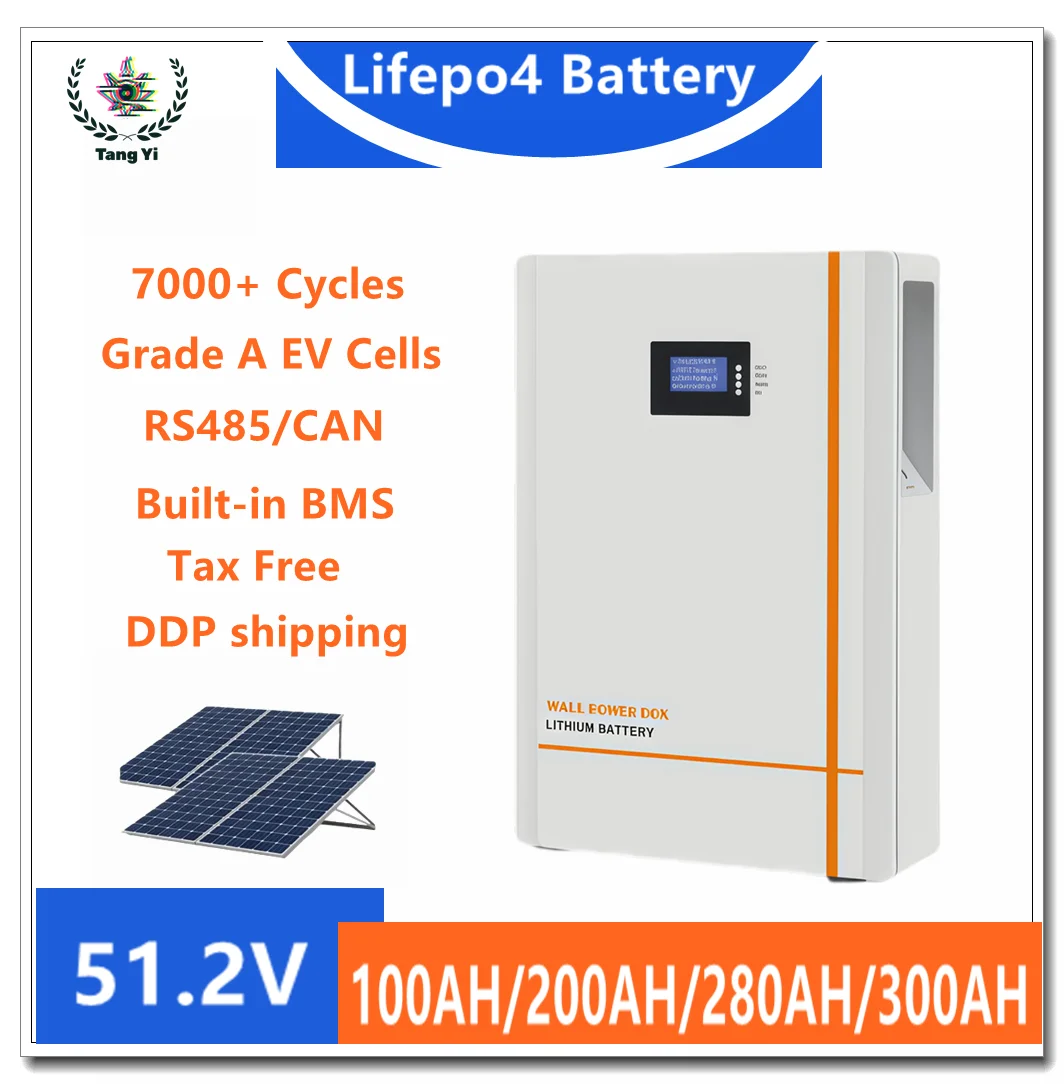 

51.2V lithium iron phosphate battery 100-300AH wall mounted solar photovoltaic energy storage battery pack with over 7000 cycles
