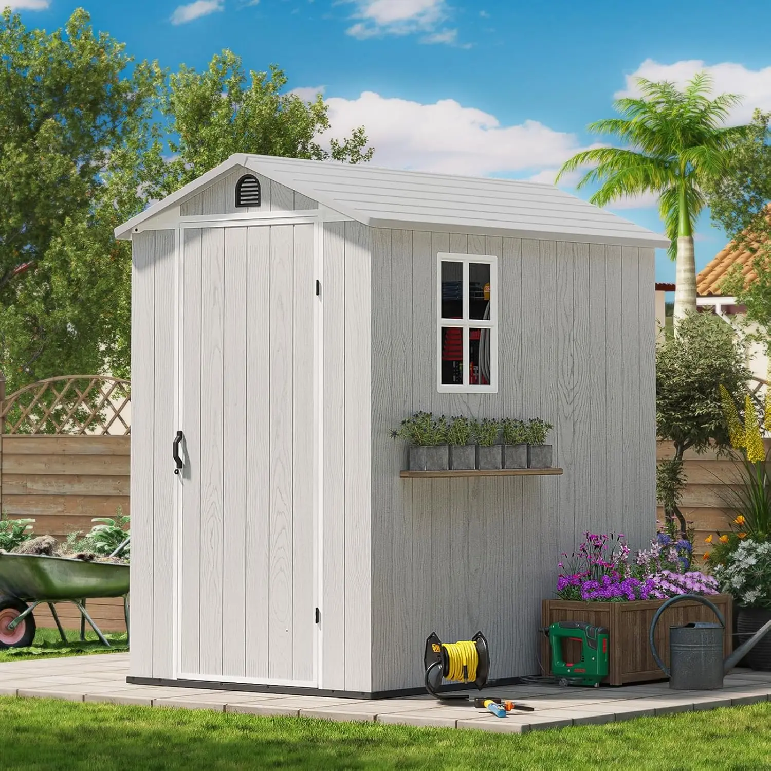 4' x 6' Outdoor Storage Shed with Floor Plastic Shed Outside Resin Tool Shed with Window and Lockable Door White