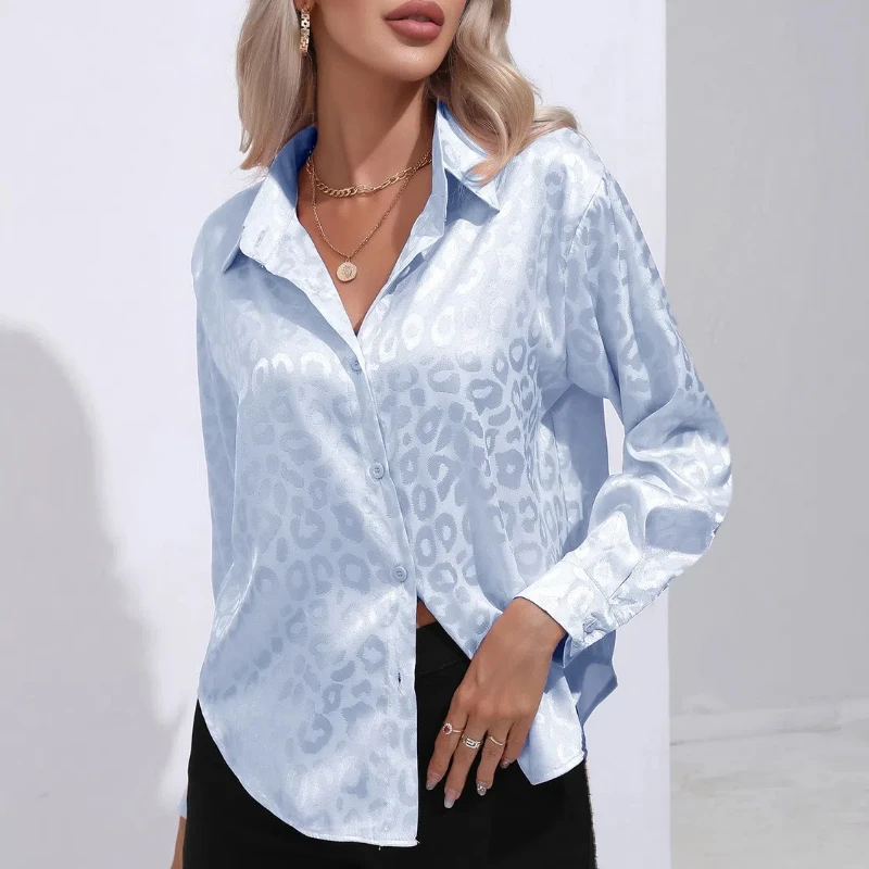 2024 Leopard Print Shirt for Women\'s Wearing Outside Spring and Autumn Turn-down Collar Long Sleeve Imitation Silk Shirts Tops