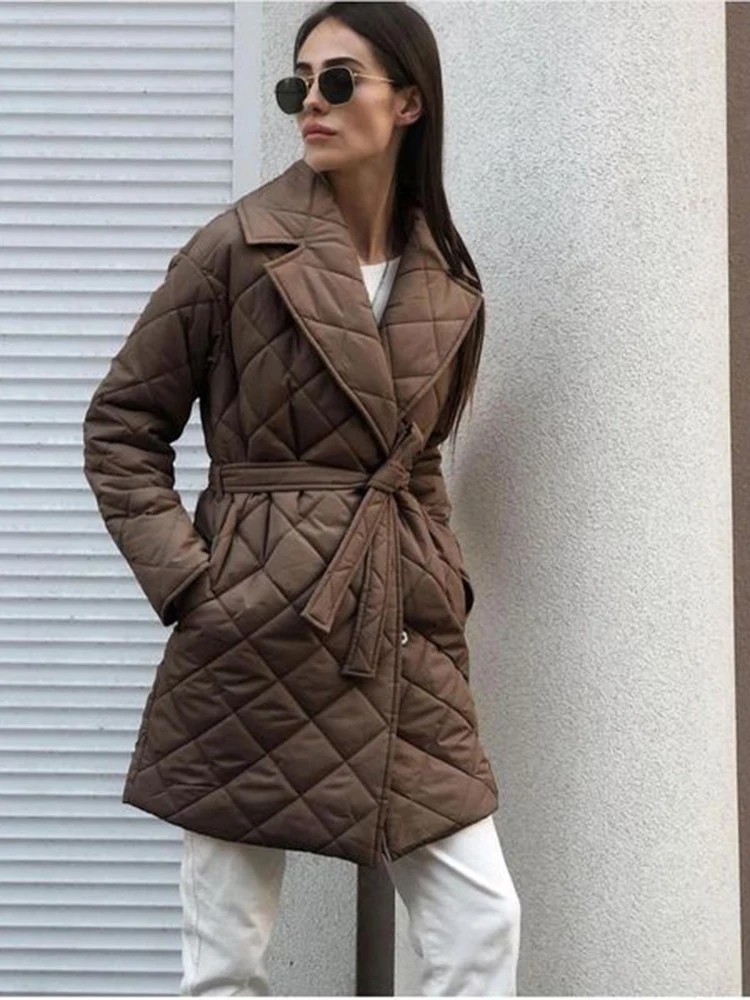 Alieneon Vintage Cotton Quilted Women\'s Jacket Fall Long Puffer Trench Winter Coat White Turndown Collar Bandage Padded Jacket