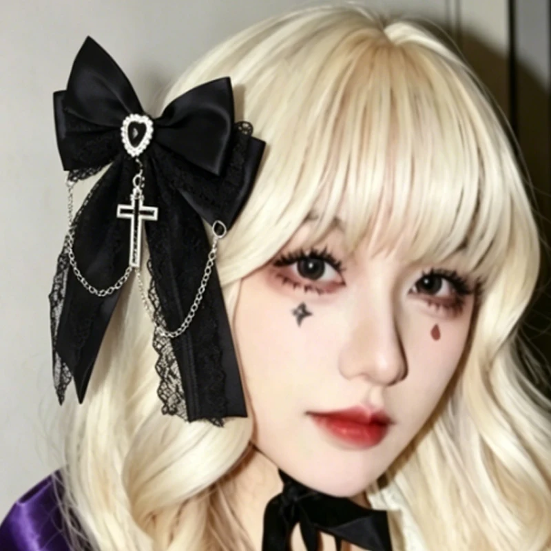 

Harajuku Y2K Lolita Bow Hair Clips with Cross Chains Gothic Subculture Black White Lace Hairpins Bag Decoration for Girls Women
