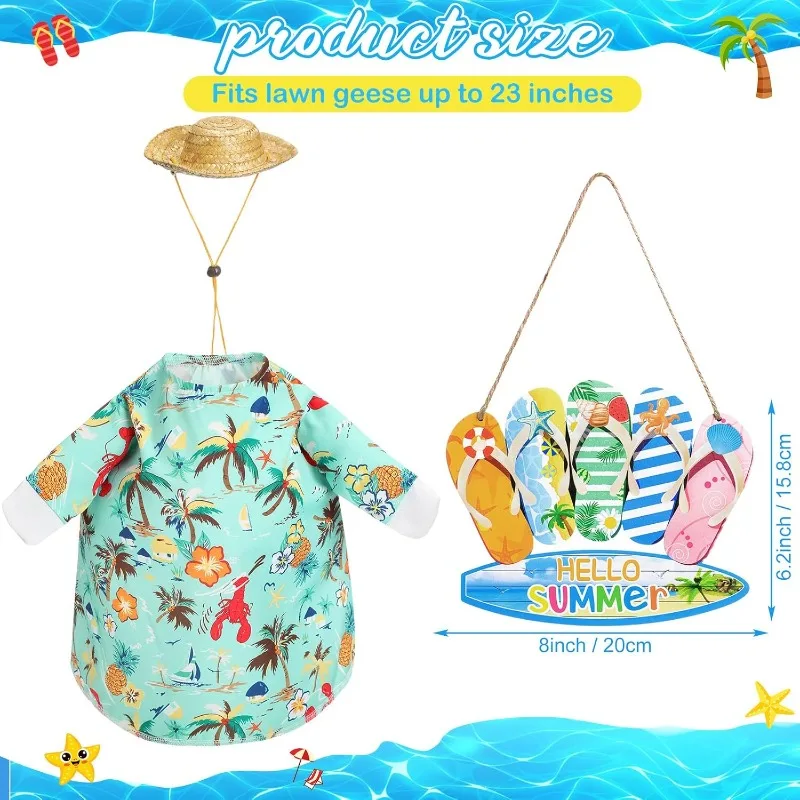 Summer Beach Goose Outfit Set, Fits 23 Inch Porch Goose Statue, Straw Hat, Tropical Shirt And 'Hello Summer' Sign Statue Porch, Courtyard, Lawn, Outdoor Decorations view 2