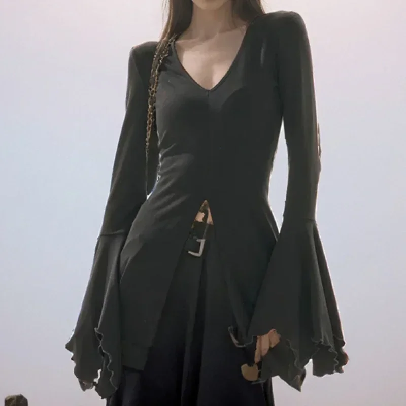 Nice Goth Dark Fairy Grunge Flare Sleeve V-neck T-shirts Gothic Split Sexy Lettuce Hem Female Blouses Y2k Black Slim Fashion Alt