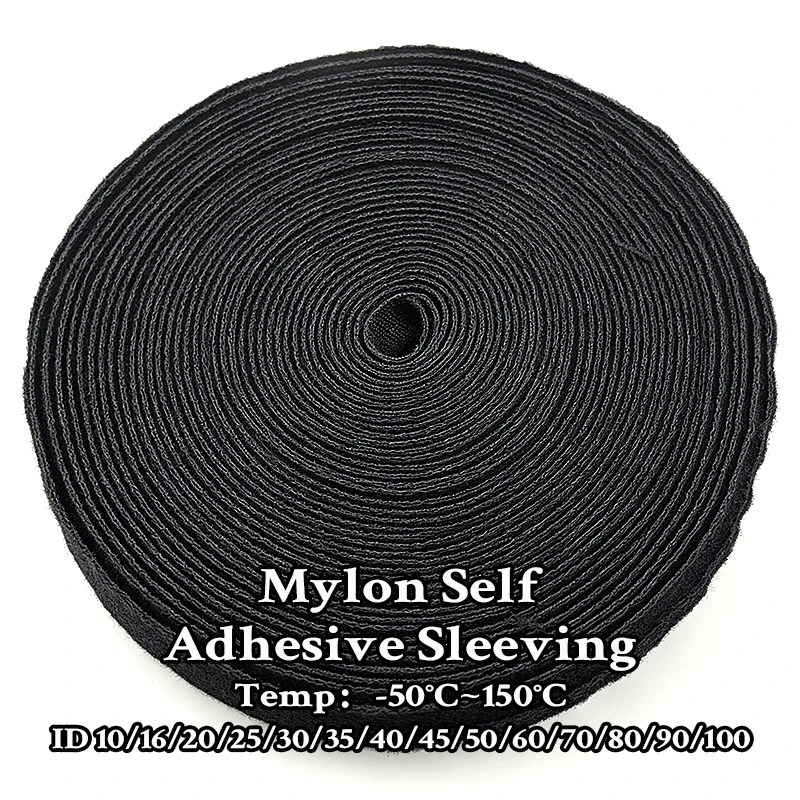 Black Nylon Self-adhesive Braided Cable Conduit ID 10mm-100mm Household Appliance Wire Anti-wear Bundle Conduit