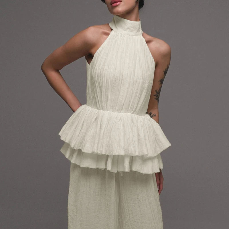 Summer Casual Sleeveless Loose Suits Temperament Hang Neck Off Shoulder Top+Pants 2pc Set Simple Solid Pleated Waist Office Set