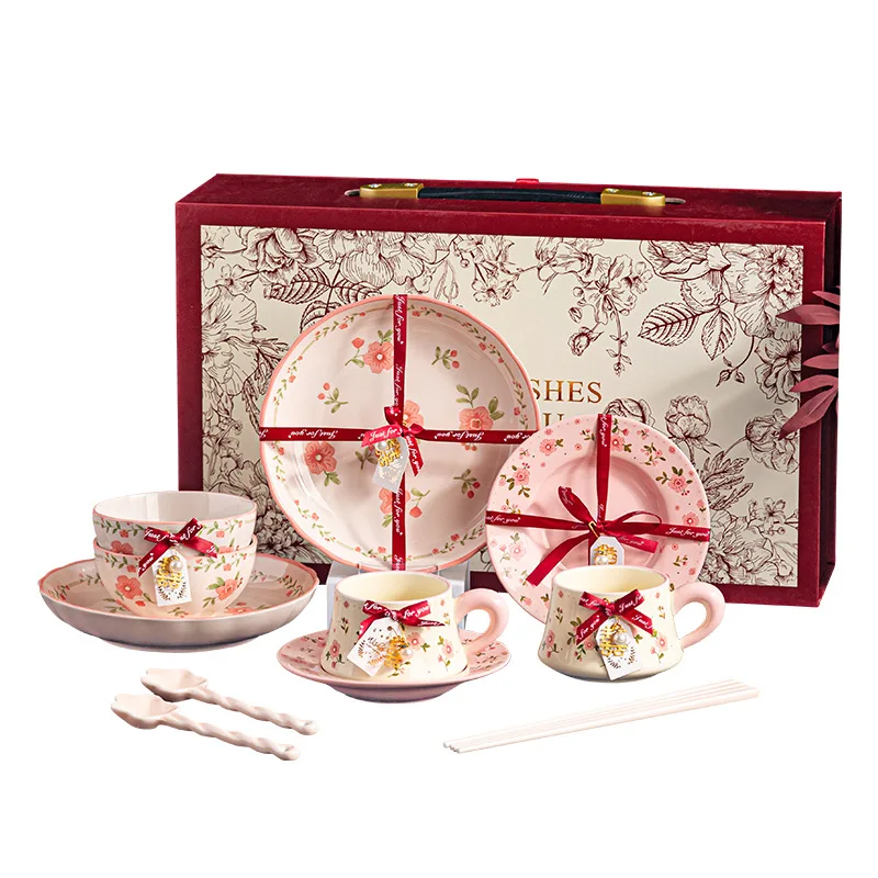 HYS Newlywed Wedding Gift Set Home Underglaze Wedding Housewarming Gift Box Dishes Bowls Plates Ceramic Tableware