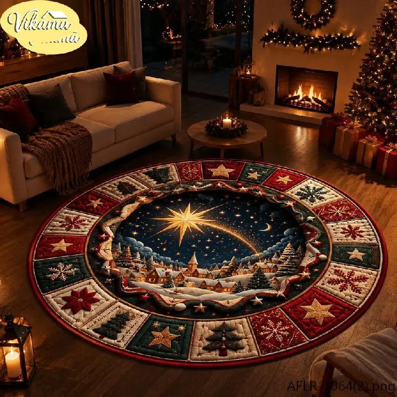 VIKAMA Christmas Round Rug Starry Winter Town Snow Scene Area Rug Living Room Holiday Home Decor Aesthetic Art Large Premium