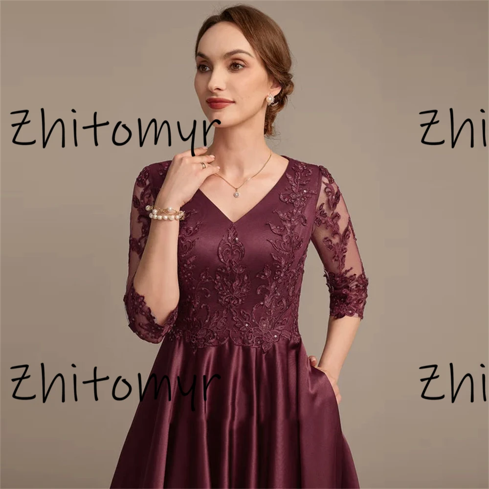 2024 elegant high quality Women Satin Pleated A-Line Dress Solid Color V-Neck Lace Dress Half Sleeve Casual Large Hem Dress