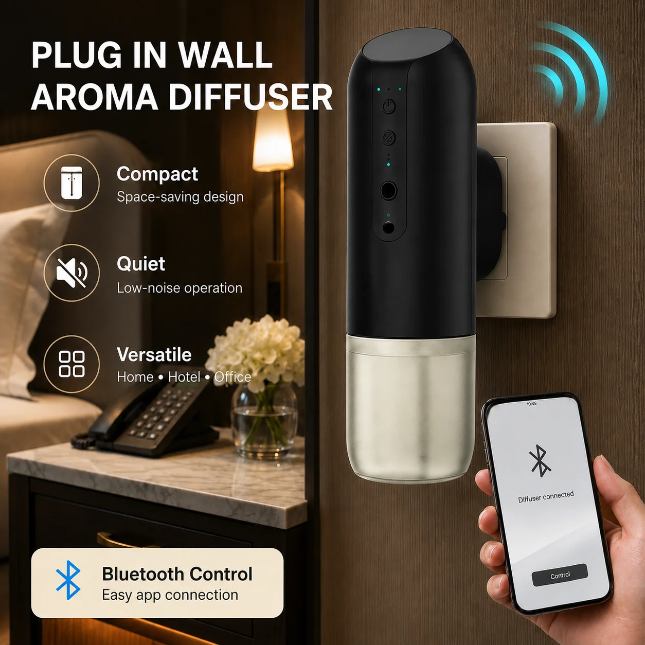 Plug-In Essential Oil Diffuser Button Aroma Diffuser Wireless Bluetooth APP Scent Machine 150mL Fragrance Smell for Home Wall