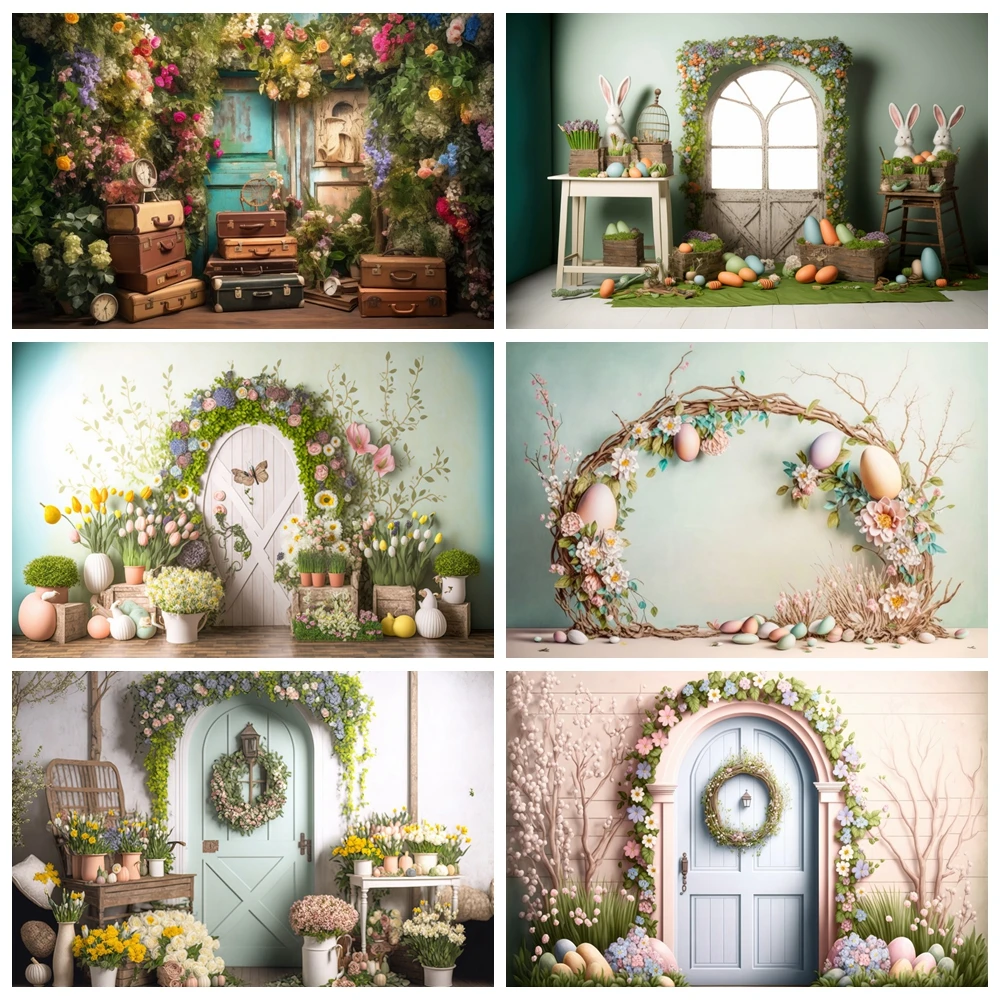 Laeacco Spring Flower Shop Photography Backdrop Easter Bunny Tulip Garden Colorful Eggs Kids Birthday Portrait Photo Background