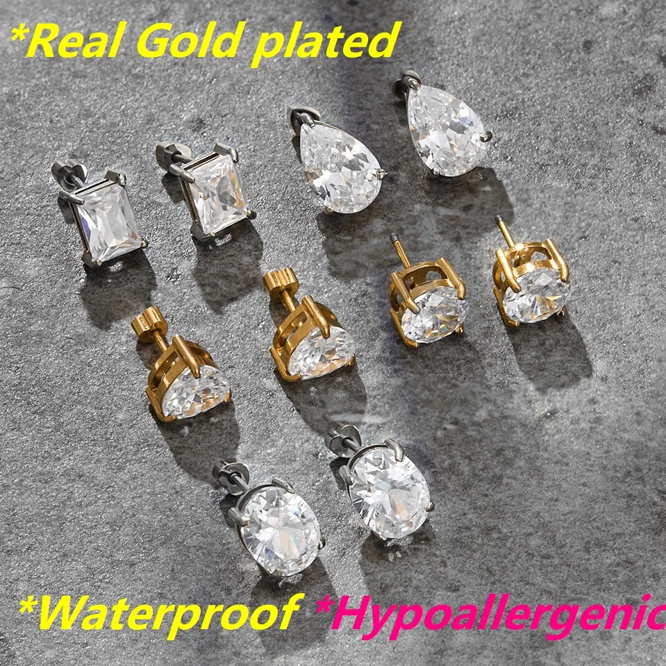 Stainless Steel Stud Earrings Set Gold Plated Round Heart Square Princess Cut Cubic Zirconia Earrings for Women Hypoallergenic