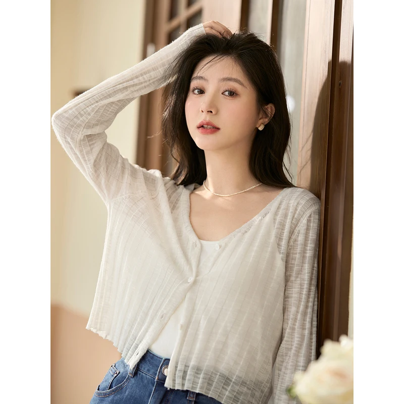 INMAN Women Knit Cardigan 2023 Summer Long Sleeve V Neck Slim Stretch Tees Thin Cool Fabric Fashion Versatile Pink White Tops