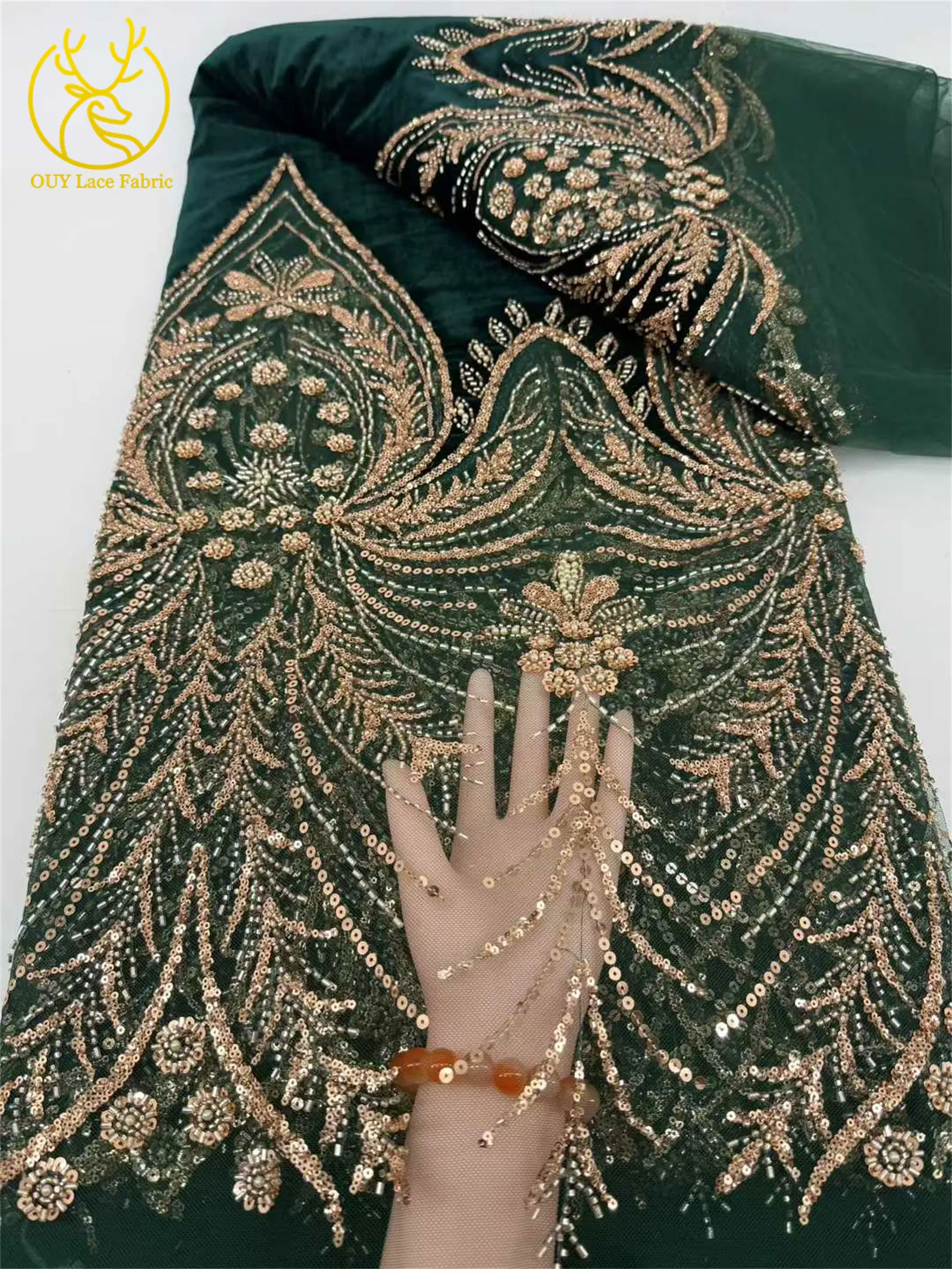Luxuriöser afrikanischer Samt mit Perlen und Pailletten, Spitzenstoff, 2026, grüner Bräutigam-Stickstoff, französisches Damen-Party-Abendkleid – Detail 9