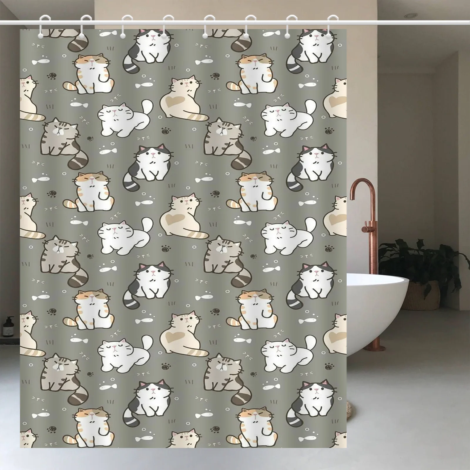 

1 шт. Занавеска для душа с милым рисунком котенка, полиэстер, с крючками, можно стирать в машине, подходит для декора ванной комнаты.