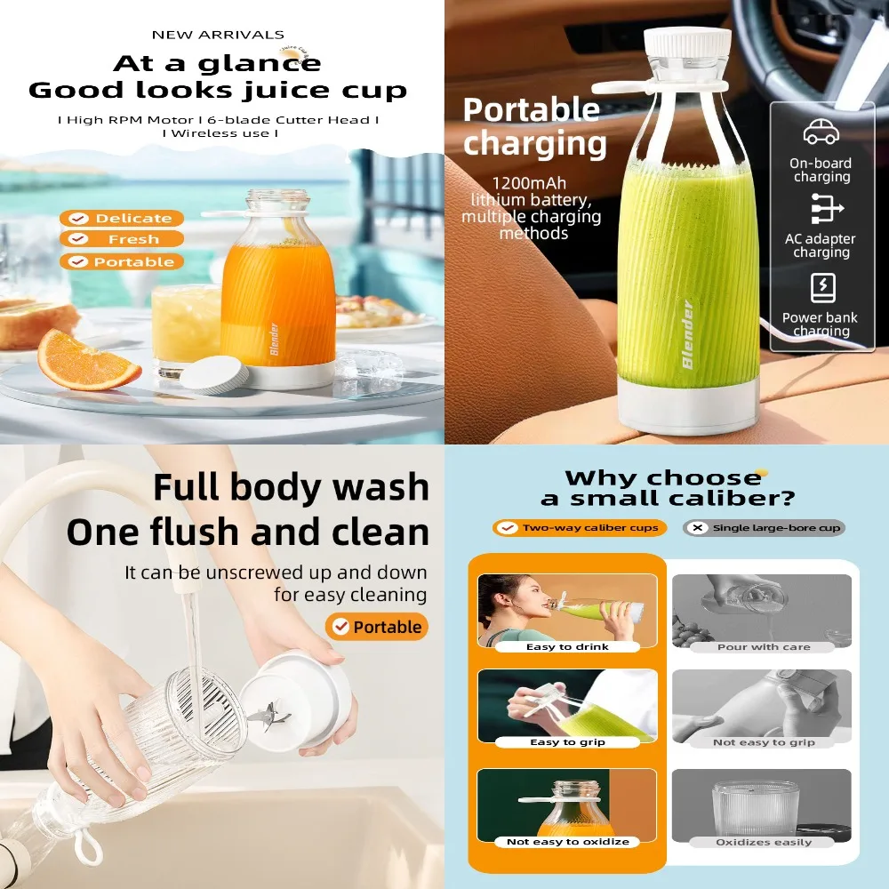 휴대용 USB 미니 블렌더 500ML - 스무디, 쉐이크 및 과일용 6중 칼날 전기 쥬서 - 무선, 경량 및 휴대에 적합