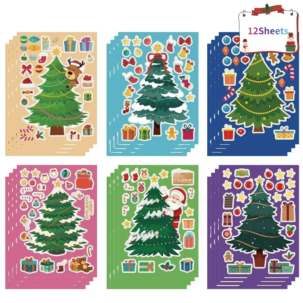 8/12 hojas de pegatinas de rompecabezas DIY para niños, pegatinas de árbol de Navidad de Papá Noel, juego de árbol de Navidad, fiesta, regalo de decoración de Año Nuevo