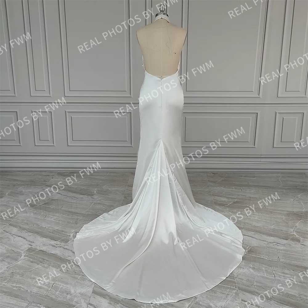 19029 #   Personalizado halter pescoço sereia vestido de casamento de cetim macio trem varredura sem costas vestido de noiva para mulher novia