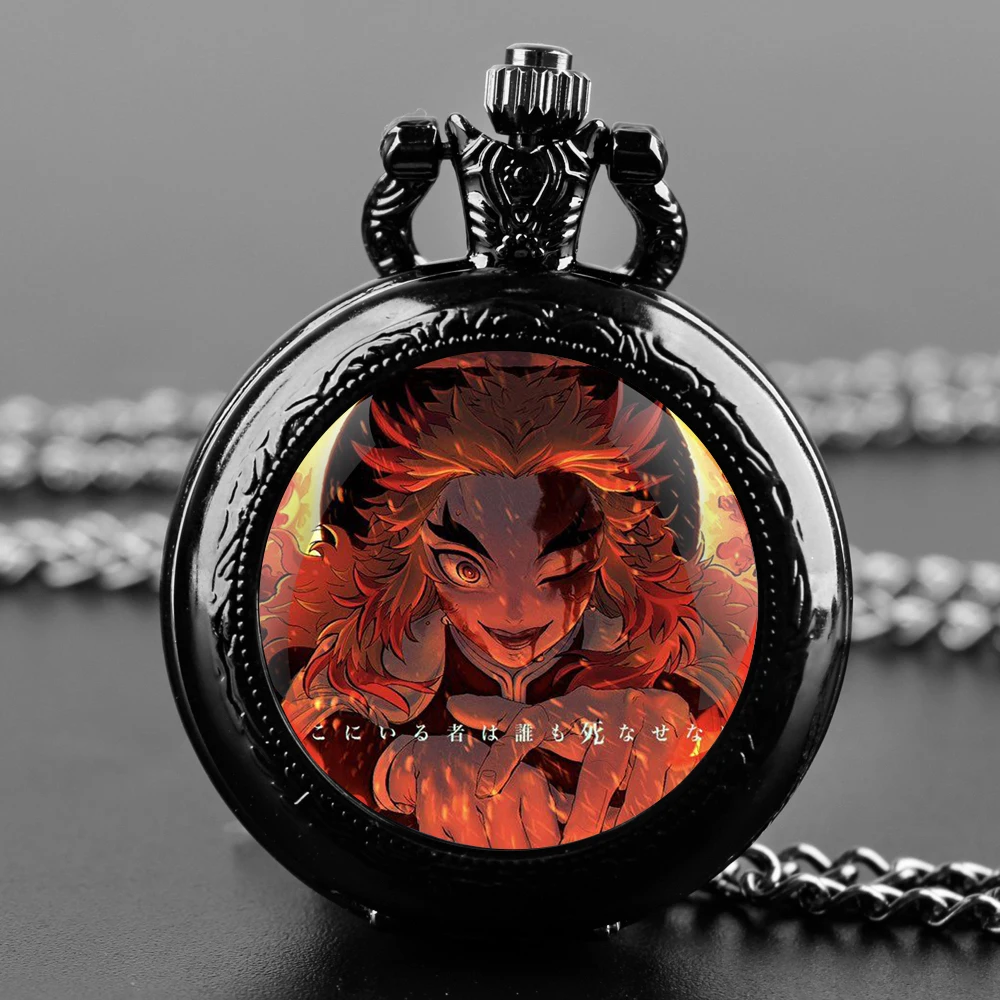 Rengoku Kyoujurou Design Glass Dome Quartz Pocket Watch with Arabic Numeral Dial on Chain - Ideal Present for Special Occasions