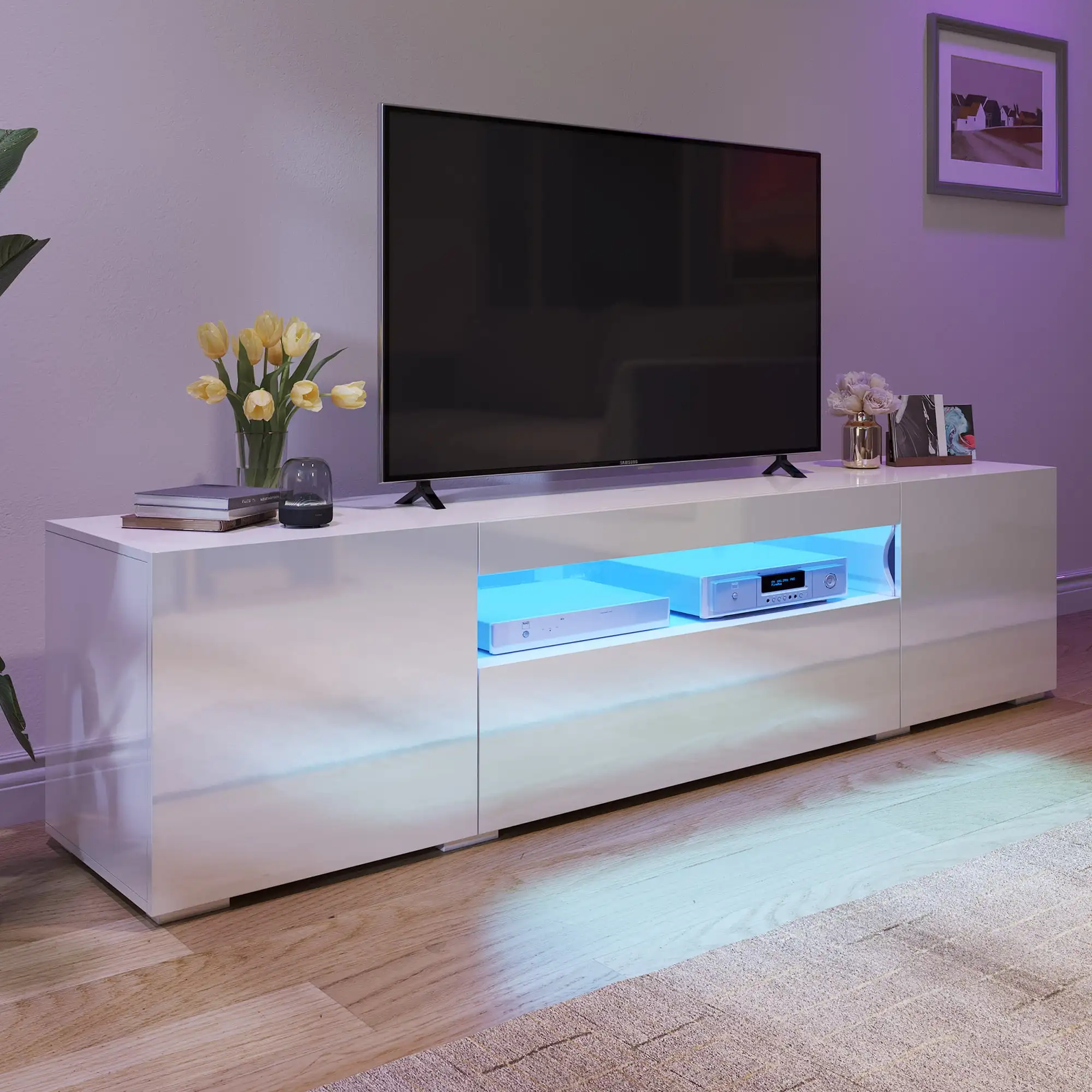 Large LED TV stand for 75 inch TVs White High Glossy Media Center with 2 Cabinets and 1 Drawer for Living Room, 70