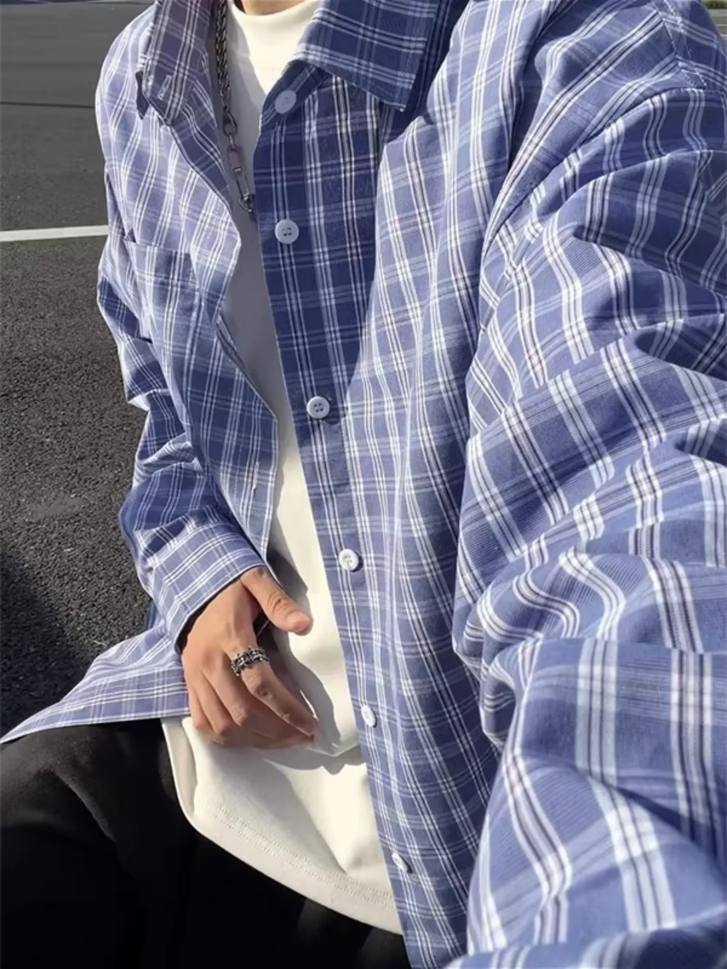 

Spring 2026 Men's Plaid Long Sve Casual irt Trendy Brand American Sle Blue Plaid Outerwear Breathable Polyester Fiber