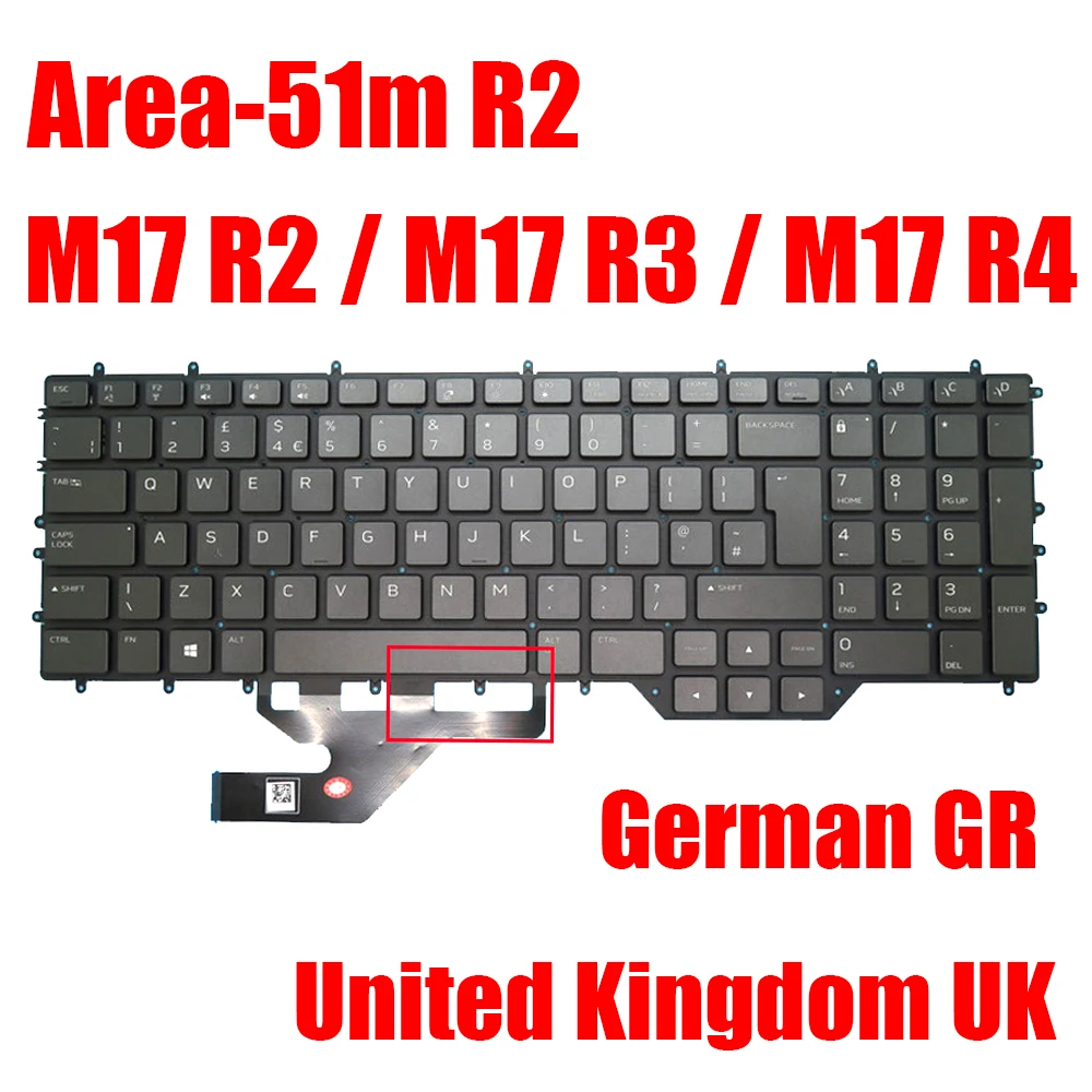 UK GR Laptop Keyboard For Alienware M17 R2 / M17 R3 / M17 R4 / Area-51m R2 United Kingdom German With Backlit