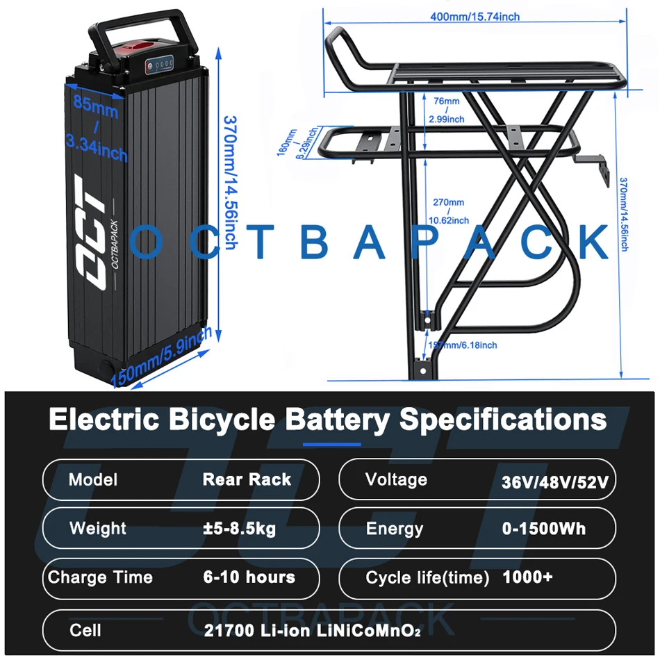 52V 48V 20Ah 36V 35Ah Ebike Lithium Battery Rrar Rack Luggage Li-Ion Electric Bicycle Batteries 21700 Cell for 0-1500W Motor