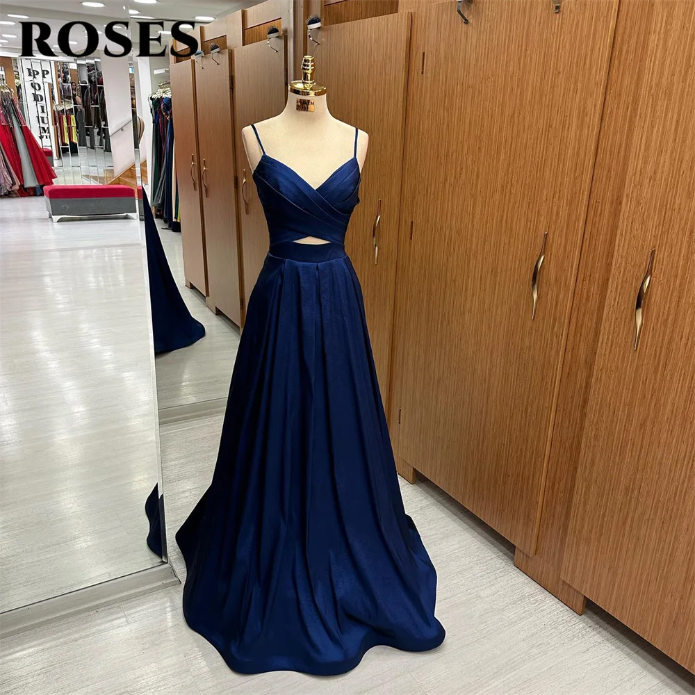 Rosen Spaghetti träger Abendkleid Fleck V-Ausschnitt elegantes Ballkleid eine Linie Hochzeit Abendkleid Schnürung Rücken Roben de Soirée