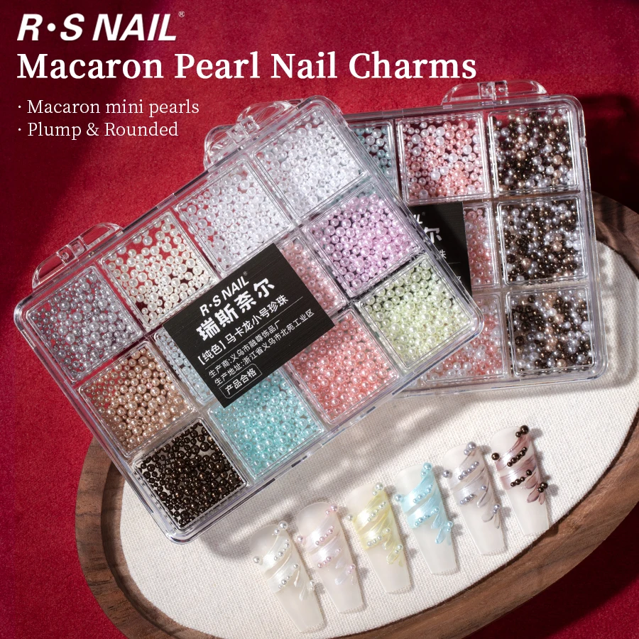 RS 12 Grids Mixed Macaron Mini Pearl Nail Charms Multi‑color Round Tiny Pearl Beads 3D Nail Art Decor DIY Manicure Accessories