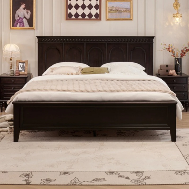 

French Mid-Century Style Black Solid Wood Bed Frames High-End Retro Double Beds American Minimalist Bedroom Furniture FYBB