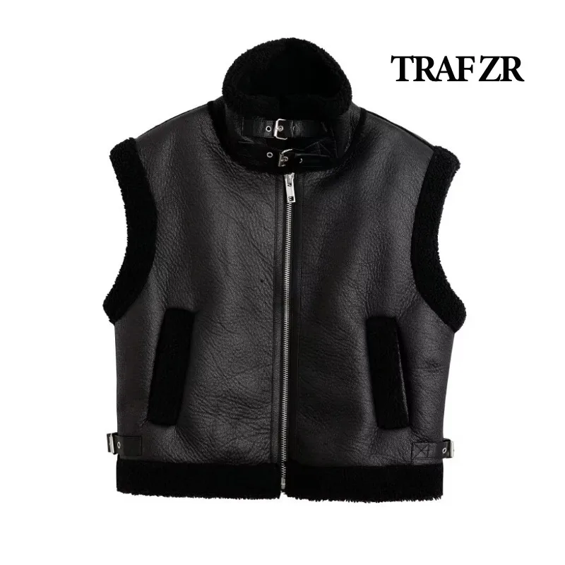 

TRAF ZR Solid Vests Sleeveless Jackets Woman Padded Vest Winter Coat Female Women's Warm Vest American Retro Black Vests