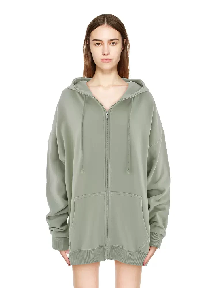 

PUWD Women Green Zipper-up Sweatshirts 2023 Fall Fashion Ladies Hooded Solid Color Long Sleeves Coats Female Elegant Outwears