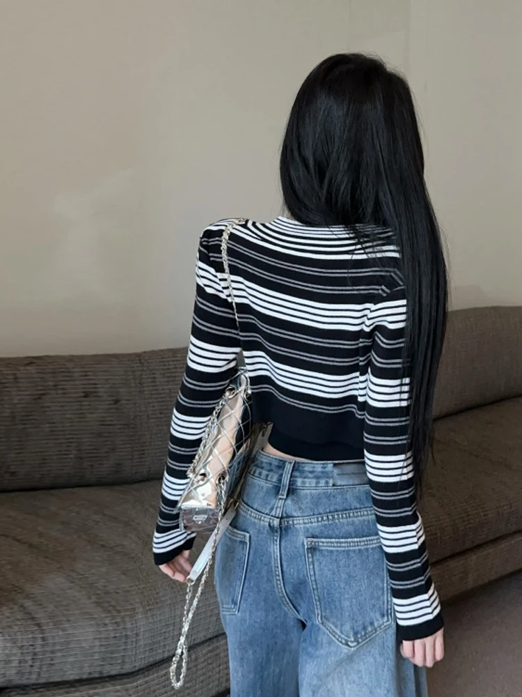 الكورية Faion ريترو مخطط اللون بلو طويل Sve صديرية دائرية سترة قطعتين مجموعة المرأة سليم صالح محبوك سترة سترة