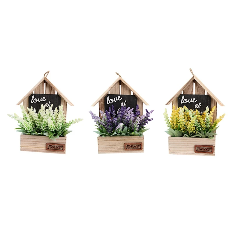 

New Rustic Wall Mounted Wooden House With Fake-Flower Succulent Plants Bonsai Holder Display Shelf Home Decor