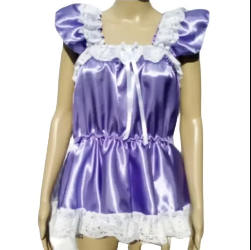 

Square Neckline Purple Fine Satin Waist Tied Dress with Shorts, Underskirt with Lace Patchwork Customized for Adult Sexy Girls