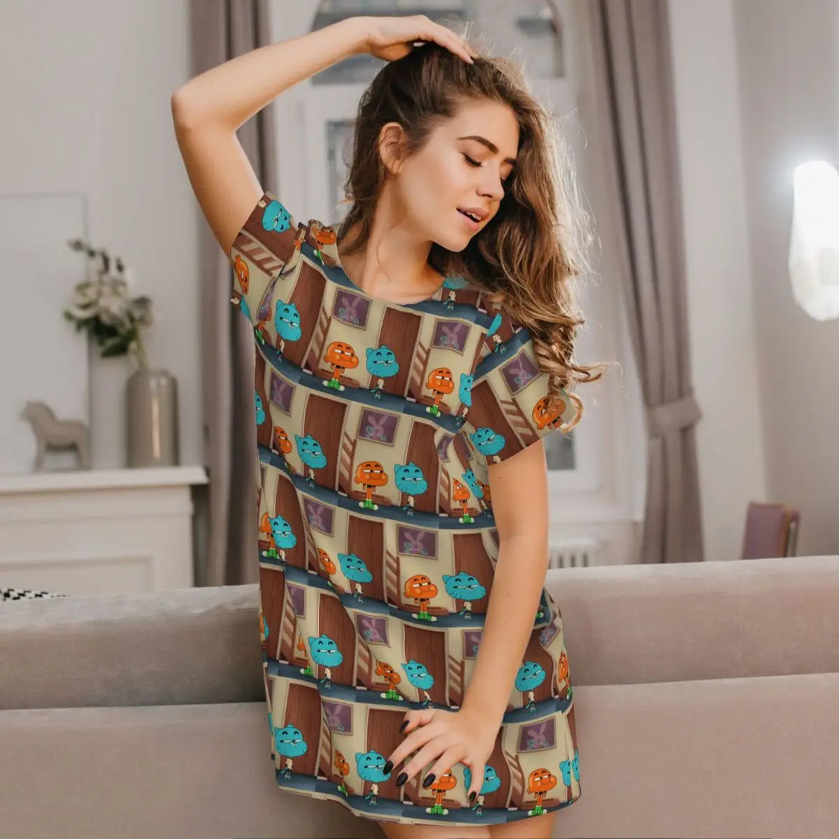 Custom The Amazing World Of Gumball Tawog Short Sleeves Nightdress For Sleeping Women Short Sleeve Nightgowns Loose Pajama Dress