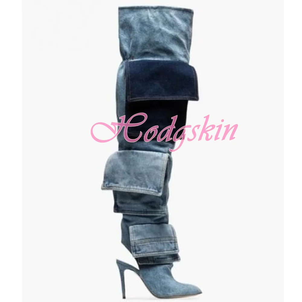 Denim Pocket Sexy Stiletto Boots Pointed Toe Over The Knee Women Runway Shoes Patchwork Slip On Winter Party Dress Long Boots