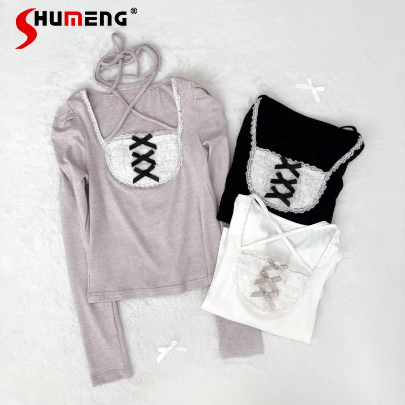 

Japanese Sweet Girls Lolita Lace Bow Knitted Top Women Mine Mass-Produced Slim Fit Elegant Long Sleeve Pullover Y2k T-Shirts