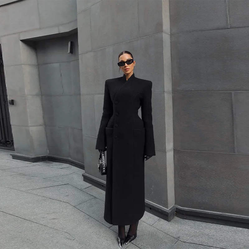 

2025 новый однотонный воротник-стойка с длинным рукавом, длинный модный элегантный маленький костюм, пальто, верхняя одежда для женщин