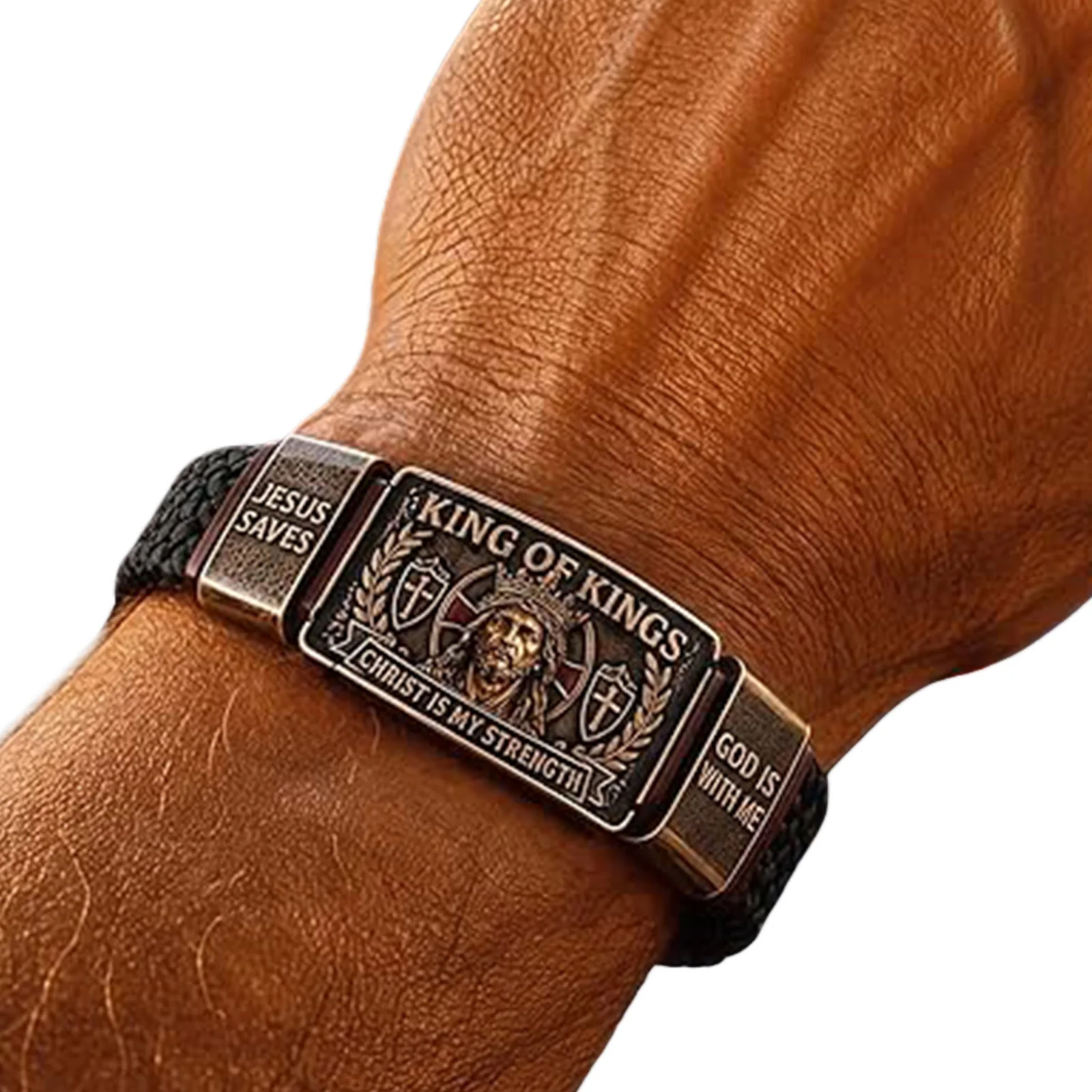 Decorative Faith Bracelet PU Leather Religious Inspirational Wristband Christian Braided Wristbands Gift for Men Husband Dad