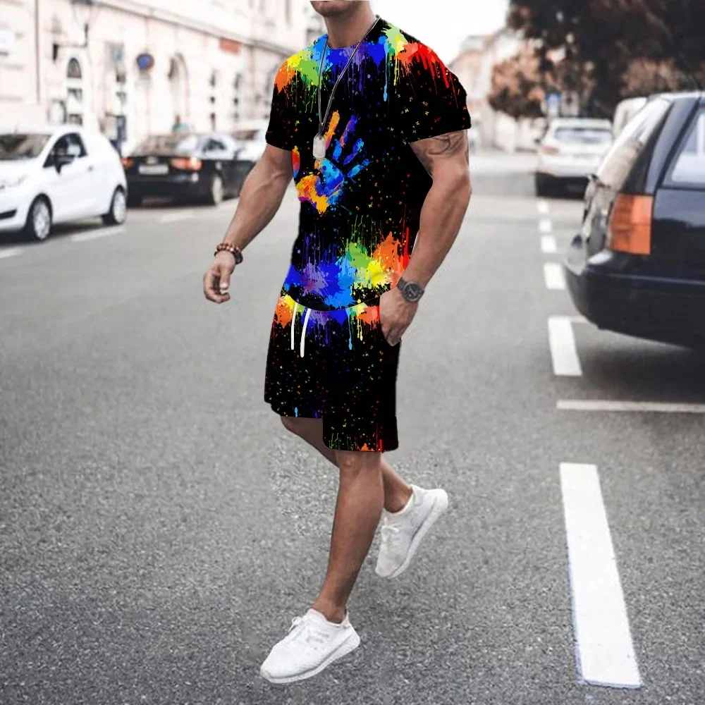 

Summer New Men's Sportswear Stripe Sets 3D Print Short-sleeved T-shirt Suit Oversized Shorts Sports 2 piece Male Clothes