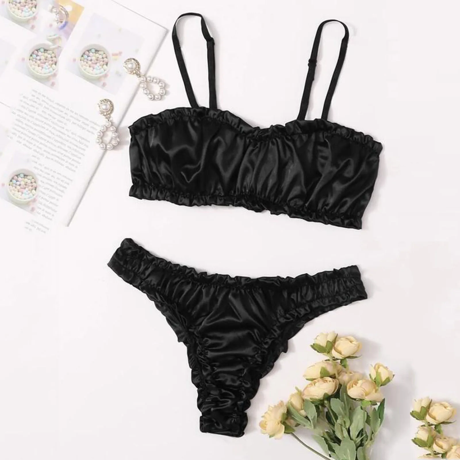 Ensemble de soutien-gorge en satin sans couture pour femmes, taille élastique, sous-vêtements imbibés sans fil, bonnet complet, culotte taille basse, string, mode