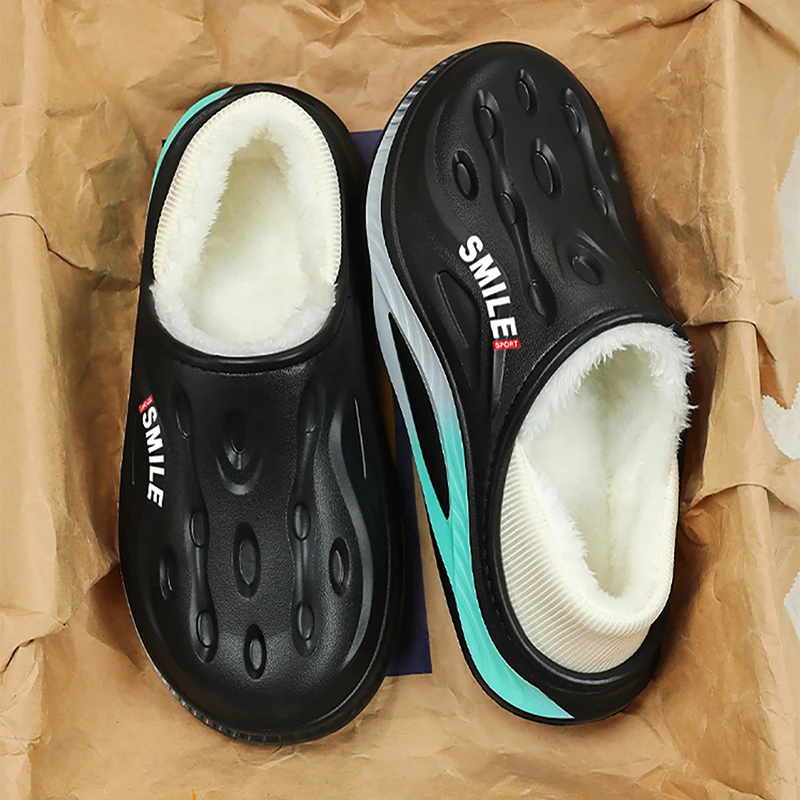 

Модные зимние мужские теплые тапочки, хлопковые тапочки, уличная домашняя теплая обувь, мужские удобные домашние плюшевые тапочки для пар