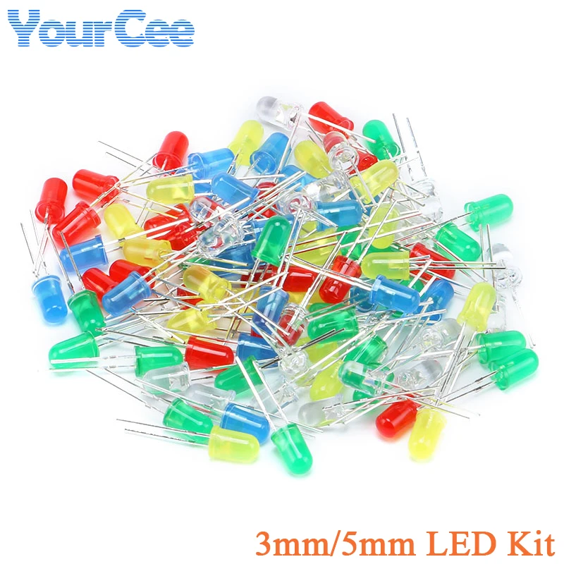 100pcs F3 F5 3mm 5mm LED Light White Yellow Red Green Blue Assorted Kit DIY LEDs Set Electronic diy kit 5 Colors*20pcs