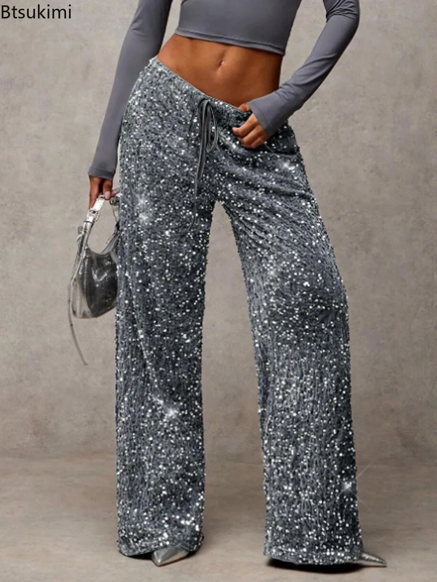 Sparkling Sequin Wide Leg Pants Women Sequin Pants Women's High Waisted Wide Leg Pants Trousers with Sequin Design Black Pant