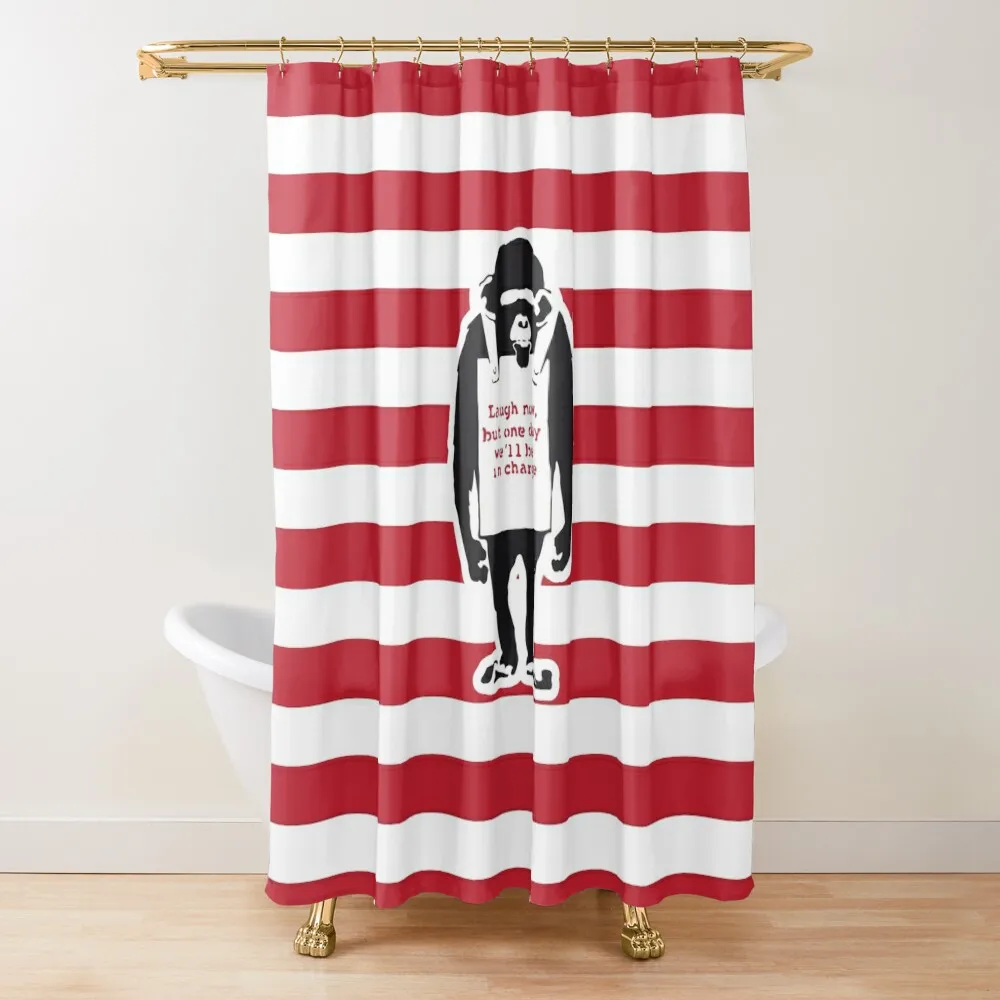 

Banksy Quote Monkey Chimpanze Laugh Now, but one day we'll be in charge Graffiti Street art with Banksy signature Shower Curtain