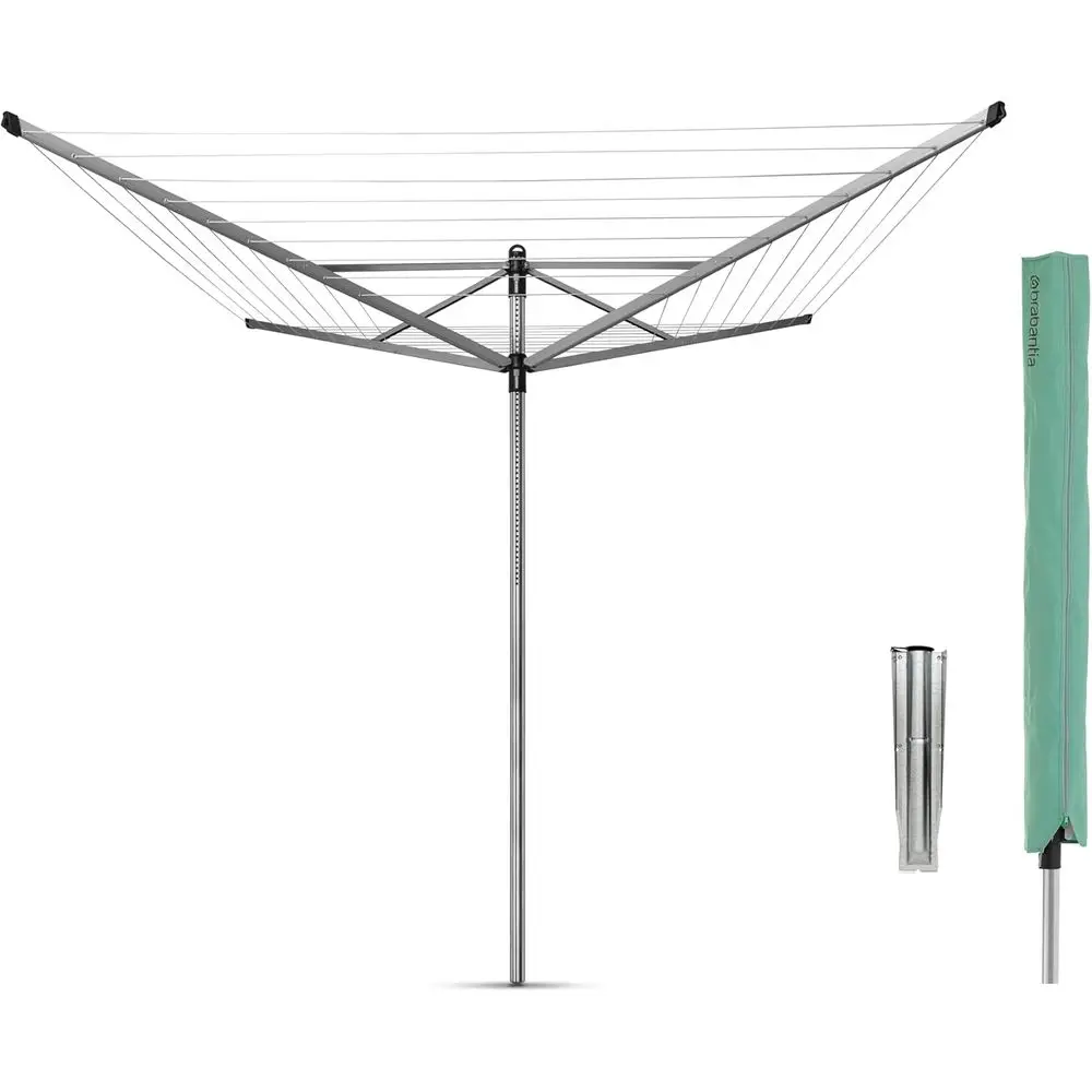 Outdoor Adjustable Height 4-Arm Clothesline with Ground Spike and Cover (Gray)