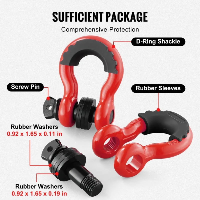 3/4' D-Ring Trailer Hook Shackle 62832lb Break Strength Bow Shackles with Isolator & Washers for Jeep Off-Road Vehicle Recovery
