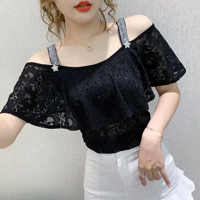 Summer New European-Made Diamond-Encrusted Lace Lotus Leaf Sleeves Off-The-Shoulder V-Neck Slim Short-Sleeved Fashion T-Shirt